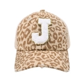 Detail of leopard print ponytail baseball cap with chenille J patch and distressed brim - Leopard-Letter J