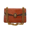 Brown crocodile texture flap bag featuring a golden lion head buckle and chain straps - Brown