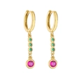 Close-up of gold drop earrings with pink and green zircon stones on white background - Gold Green Rose Red Zircon Long Pair
