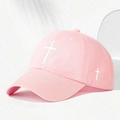Pink cotton baseball cap featuring white cross embroidery in a classic 6-panel design - One Size / Pink