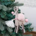 Wooden reindeer ornament with pink plush balls and white tassel for Christmas tree decor - Style B (Natural Wood with Pink Ball Tassel)