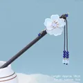 Vintage wood hair stick with light blue flower and tassels, 18cm long classical hair pin - Begonia - Translucent Blue