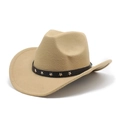 Khaki Western cowboy hat with star-studded leather band and curved felt brim - M (56-58cm) / Camel