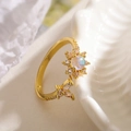 Adjustable 18K gold plated flower ring with iridescent opal and sparkling cubic zirconia - Sun Flower Butterfly (13922)