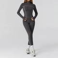 Three-piece dark grey slim fit yoga set with white contrast lines and thumb holes - S / Top And Bottom / Jacket + Pants / Volcanic Gray