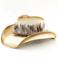 Classic straw cowboy hat with ethnic beads and feather trim on white background - M (56-58cm) / White Khaki Spray Paint