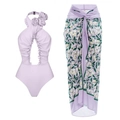 Lavender halter swimsuit with 3D floral accent and matching floral wrap skirt set - S / Purple Jewelry Set