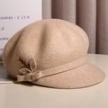 Elegant beige wool beret with bow and wheat ear decoration shown from 45-degree angle - M(56-58CM) Adjustable / Mixed Beige