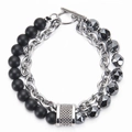 Bracciale a doppio strato in acciaio inossidabile con perline nere e chiusura OT - Pietra Opaca ed Ematite Magnetica Sfaccettata