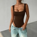 Brown square neck sleeveless bodysuit for women in a slim fit Y2K aesthetic style - S / Dark Brown