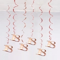 Set of 6 rose gold 18th birthday hanging swirl decorations with metallic PVC spiral ribbons - Age 18 (Rose Gold) / 6 Pieces Set