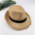 Detailed straw jazz hat view with frayed edges and a black decorative ribbon - M / Light Coffee