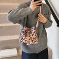Pink leopard print faux fur bucket bag with gold chain drawstring and pearl detail - 19*15*18 / Pink Rabbit Fur