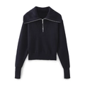 Women's dark navy ribbed knit sweater with a stylish half-zip collar and slim fit cut - S / Navy Blue