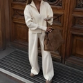 Elegant cream white women's knitted set with high collar zipper jacket and wide leg pants - S / Apricot