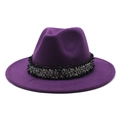 Classic deep purple wool felt fedora hat with wide brim and textured decorative band - M (56-58cm) / Purple