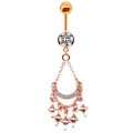 Close-up of rose gold belly ring featuring cubic zirconia and dangling star charms - Rose Gold Moon Star Tassels (Clear Stone)