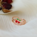 Rose gold adjustable ring featuring red cherry enamel and small crystals - Adjustable Open / Rose Gold Cherry Rhinestone Ring Set