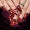 Halloween style red almond press-on nails with 3D water droplet and white grid patterns - With Tool Kit