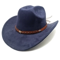 Detail of navy blue suede cowboy hat featuring brown leather band with star silver studs - M (56-58cm) / Navy Blue