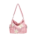 Pink corduroy crossbody bag with plush star patches and drawstring closure in detail - Pink