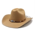 Camelfarbener Fedora Hut aus Wollfilz mit breiter Krempe und Hamsa-Hand-Anhänger - M (56-58cm) / Camel