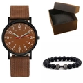 Détail d'une montre à quartz, bracelet en pierre de lave et coffret cadeau élégant - Marron + Bracelet + Boîte