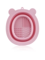 Pink bear-shaped silicone makeup brush cleaning mat with textured surface and hanging hole - Pink