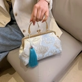 Floral embroidery chain handbag with gold metal handle and blue silk tassel charm - Blue