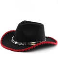 Cappello da cowboy nero classico con cuciture rosse e fascia decorativa etnica con perline - M(56-58cm) / Nero con cucitura