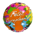 18 inch round aluminum foil balloon with colorful splatter design and Feliz Cumpleaños text - Round Spanish Graffiti Birthday