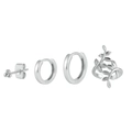 Macro shot of 4-piece S925 sterling silver earring set including studs and leaf ear cuff - Silver Leaf Earring Group (#33)