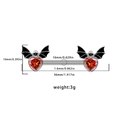 Silver bat skull nipple ring with red heart zircon and black wings on white background - Bat Skull Heart (24070902-3)