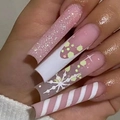 Unghie finte natalizie extra lunghe con fiocchi di neve bianchi e motivi a righe festose - Tipo di Colla / Stile Strisce Fiocco di Neve Rosa Bianco (SGCY-228)