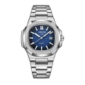 Business stainless steel watch with blue textured dial and date display window - Silver Steel Band Blue Dial