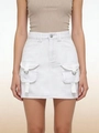 Detail of white high-waisted denim skirt featuring large flap pockets and metal D-rings - S / White