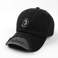 Detail of distressed brim and 3D embroidered D letter on vintage patchwork baseball cap - Black Grey Contrast (Black) / Black