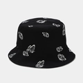 Top view of a black canvas bucket hat with white line-drawn butterfly patterns - M(56-58cm) / Black With White Butterfly