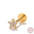 Detail of flower shaped S925 sterling silver piercing stud with sparkling zircons - Single Gold-Six Petal Flower