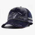 Vintage distressed baseball cap in navy and grey with Black Rebel 3D embroidery - Adjustable / Navy Grey Patchwork (Bull Style)