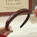 Thick dark brown PU leather headband with a round metal accent for a vintage hair look - Burgundy with Gold Metal Decor
