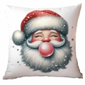 Square white pillowcase featuring Santa Claus blowing bubble gum with festive snowflakes - Style 13 / 18*18in/No Insert