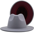 Dual-tone felt fedora hat in light grey and burgundy with a wide flat brim style - Light Grey/Wine Red