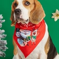 Close-up of red Christmas pet bandana with Santa and reindeer prints on a dog - Red Holiday Print Characters Style