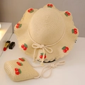Girl's beige straw sun hat and matching crossbody bag set with red cherry appliques - Cherry Straw Hat Set / Beige