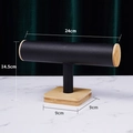 T-bar watch display stand with black velvet cylinder and natural bamboo wood base - Bamboo Black PU Leather