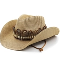 Ethnic style straw cowboy hat with brown feathers and metallic skull trim for outdoor camping - Khaki