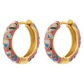 Detail of gold hoop earrings with multi-colored enamel floral patterns and intricate texture - Pink