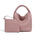 Dusty pink hand-woven leather hobo bag and matching square pouch set with rich texture - Lotus Pink