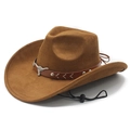 Brown faux suede western cowboy hat with wide brim, bull head buckle and windproof rope - M (56-58cm) / Khaki